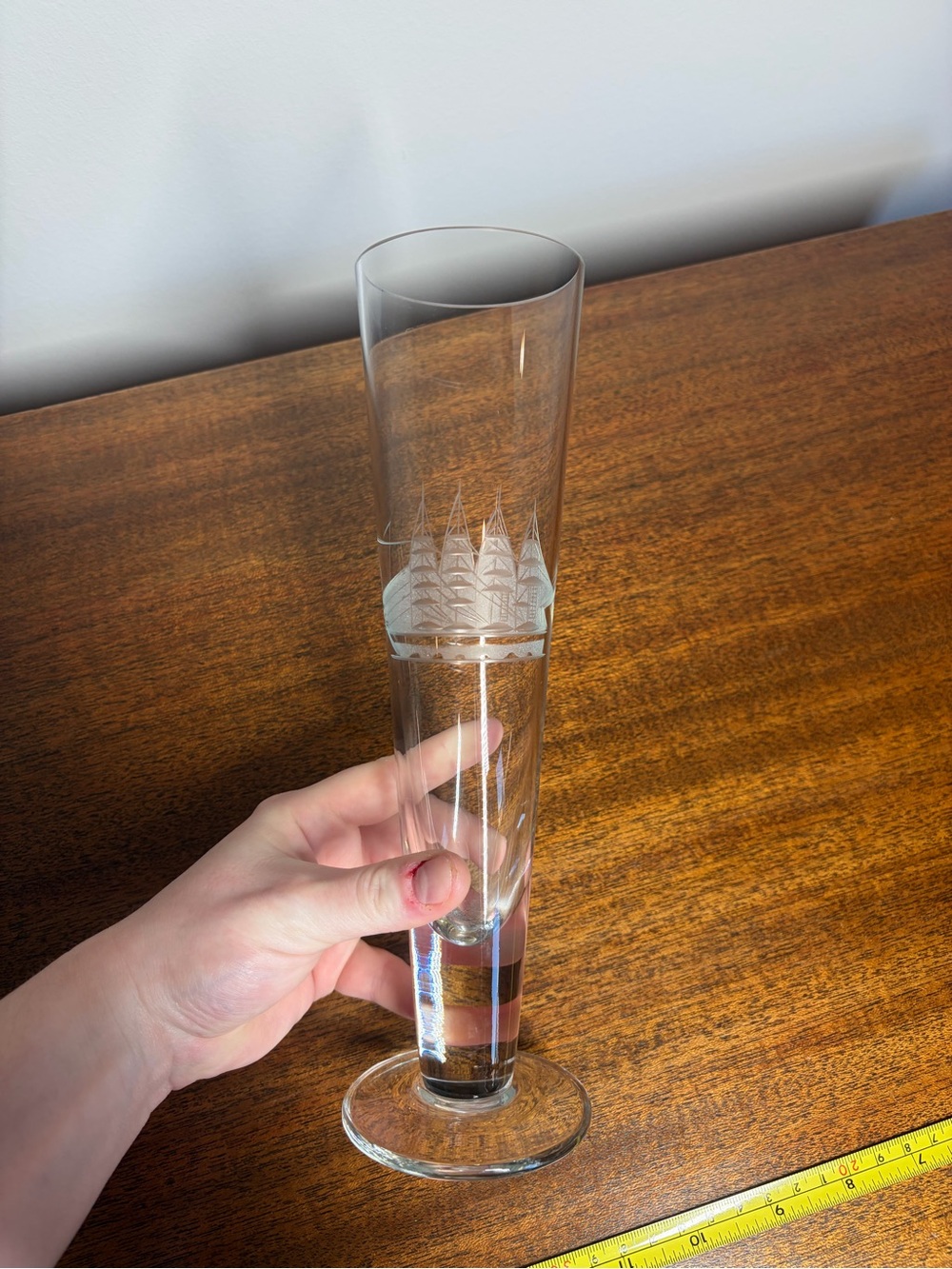Vintage Toscany "Clipper" Etched Crystal Pilsner Glass | Hand-Blown Romania 10"